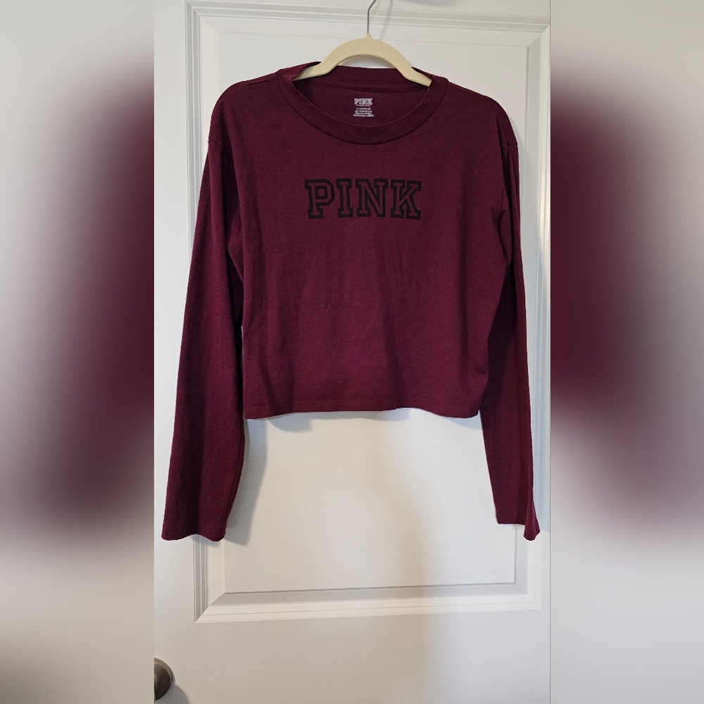 Women's VS PINK Logo Burgundy Crewneck Long Sleeve Cropped Tee